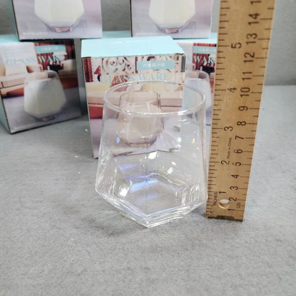 Geometric Glassware Clear‎ Hexagonal Drinking Glasses Set of 6 NEW